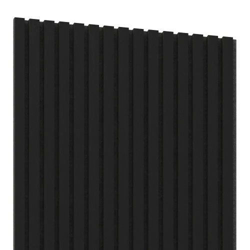 Black acoustic panel with vertical wall slats on a black felt backing