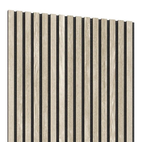 Acoustic panel with whitewashed oak wall slats on a black felt backing.