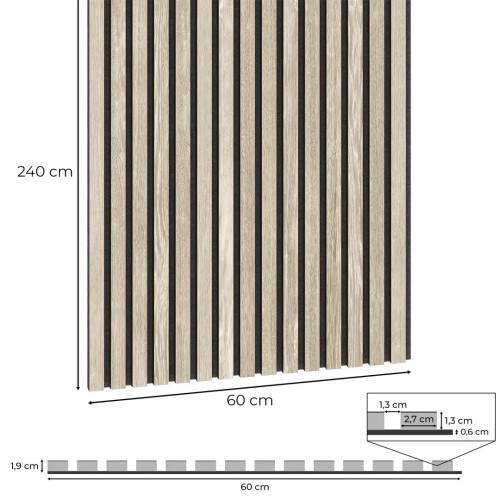 Dimensions of a whitewashed oak acoustic slat panel: 240x60 cm, 1.9 cm thick, with a cross-section of the strips on felt.