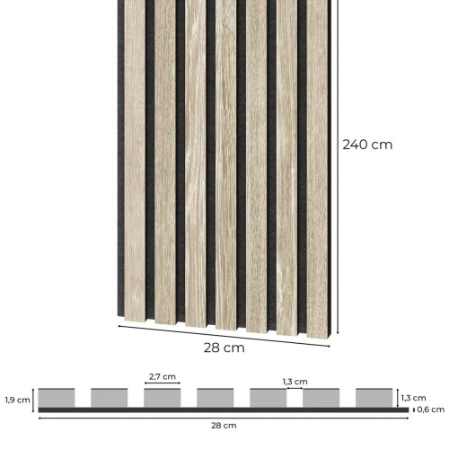 Diagram showing the dimensions of a bleached oak slat panel on black felt: height 240 cm, width 28 cm.