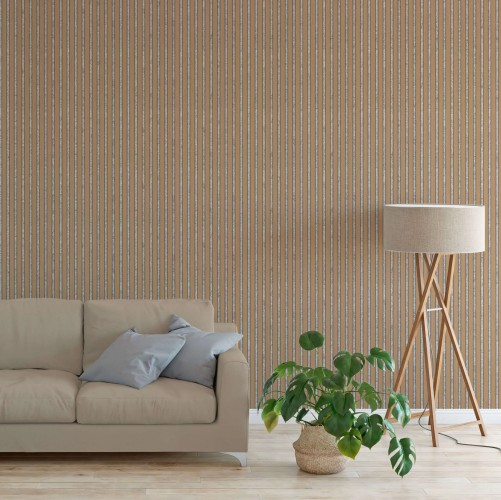 Oak wall slats on grey felt in a living room with a beige sofa, a plant in a basket and a floor lamp.
