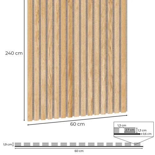 Diagram showing the dimensions of an acoustic panel with oak slats on grey felt: 240x60 cm and 1.9 cm thick.