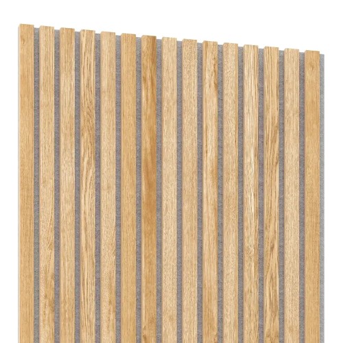 Panel with oak wall slats on a grey acoustic felt backing.