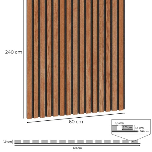 Dimensions and technical cross-section of a slatted acoustic panel on felt, measuring 240 by 60 cm and 1.9 cm thick.