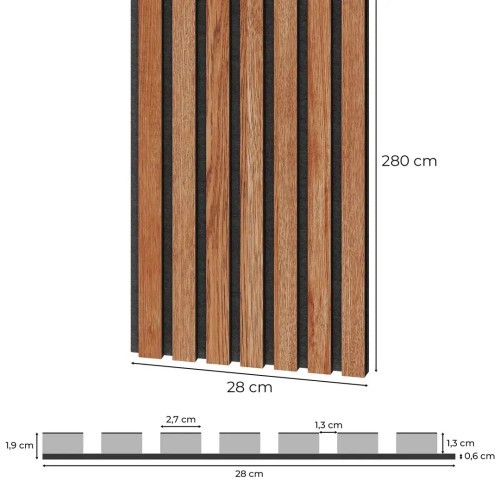 Dimension diagram of a panel with sapelli slats on black felt, measuring 280x28 cm and 1.9 cm thick.