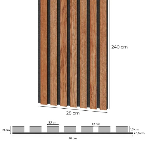 Dimensions and technical cross-section of a sapelli acoustic panel on black felt: 240 cm high and 28 cm wide.