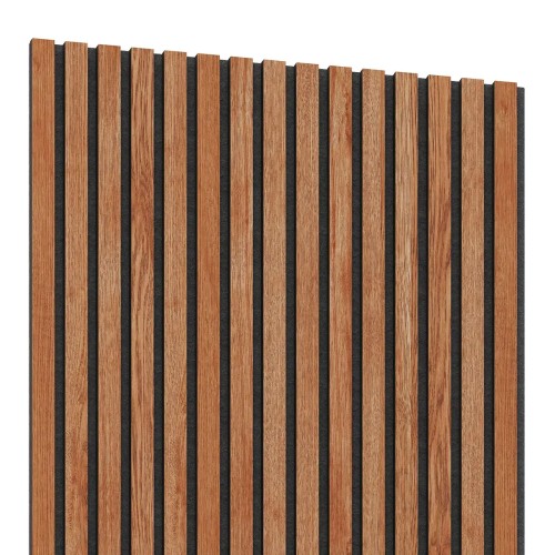 Acoustic panel with sapelli-coloured wooden slats on a black felt backing.