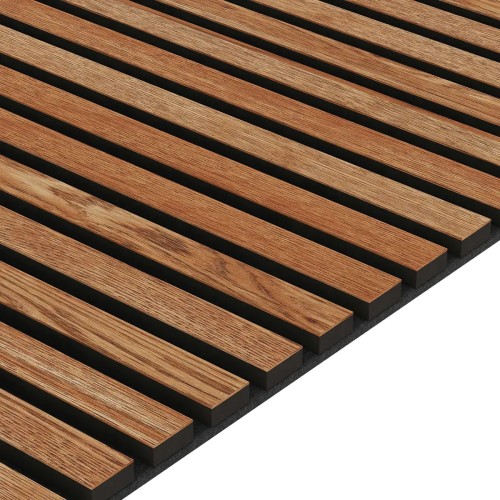 Acoustic panel with sapelli veneer wooden slats on a black felt backing.
