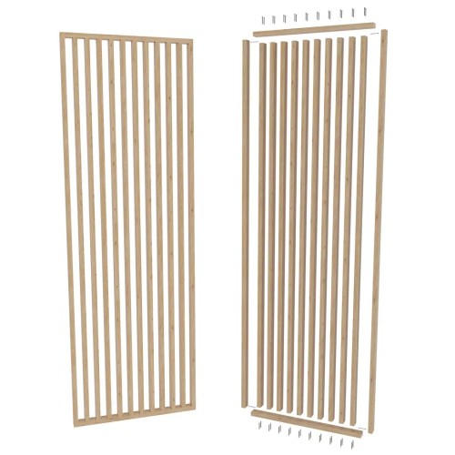 Assembled openwork partition made of oak slats and a disassembled mounting kit with strips and screws.