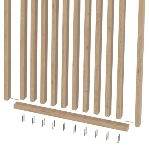 Diagram showing the assembly of a screen made of vertical oak slats, a bottom rail and screws.
