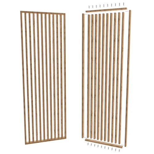 Assembled partition made of oak slats and the disassembled components of a DIY kit.