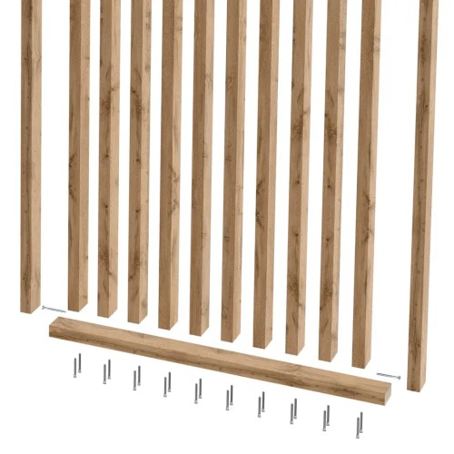 Diagram showing the assembly of a screen made of vertical oak-coloured slats, a bottom rail and screws.