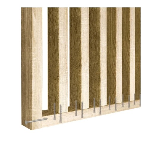 Diagram showing how to attach Sonoma oak wooden slats to a bottom rail using screws.