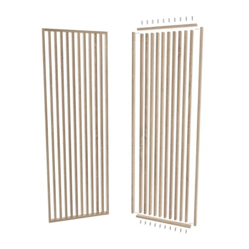 Assembled openwork partition made of Sonoma oak slats and a disassembled mounting kit with strips and wall plugs.