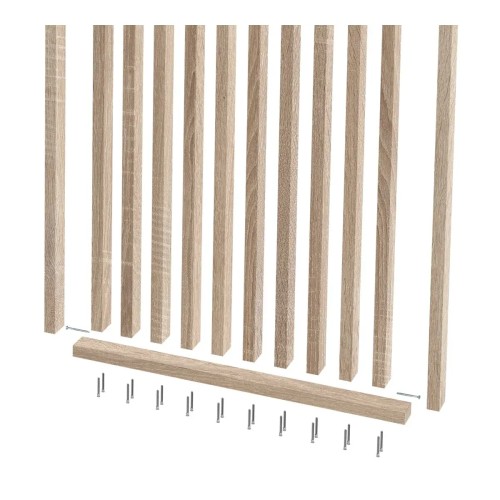 Diagram showing how to attach Sonoma oak wall slats to a bottom rail using screws.