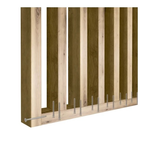 Diagram showing vertical wooden slats being fitted to the lower rail with screws.