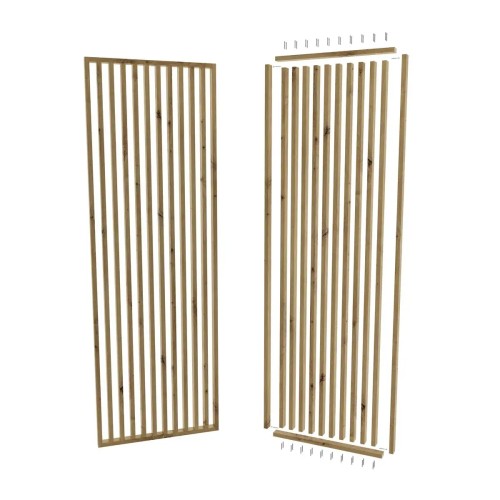An assembled partition with vertical slats and an assembly kit laid out with rails and wall plugs.