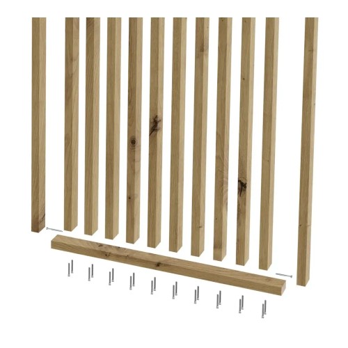 Vertical slats in an oak colour, a horizontal connecting rail and assembly screws.