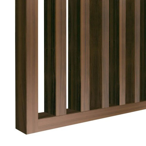 Fragment of an open partition with vertical walnut-coloured slats and a bottom finishing rail.