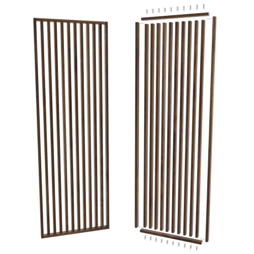 Open slatted partition in walnut, shown in full and as parts of the assembly kit.