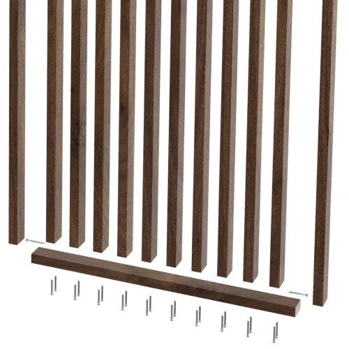 Assembly components for a partition with vertical walnut-coloured slats, a bottom rail and screws.