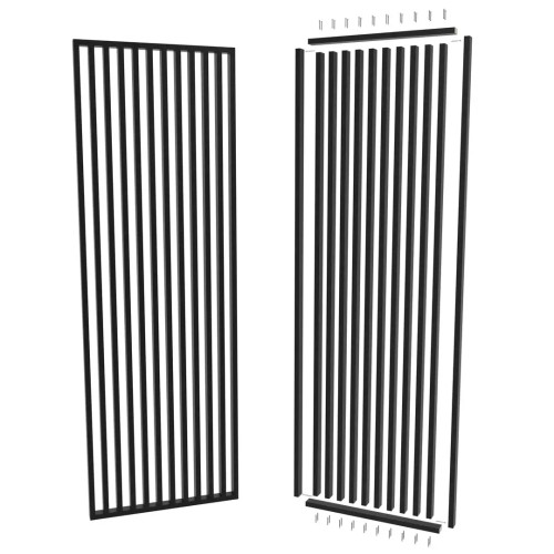 Black vertical slat screen shown assembled, with an assembly diagram showing the components and screws.