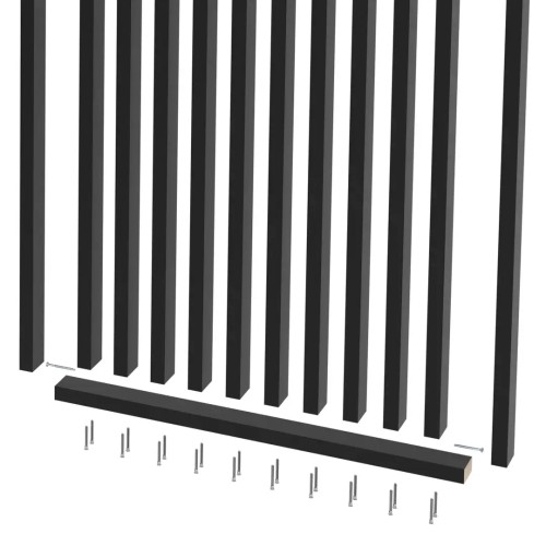 Diagram showing the assembly of black vertical slats, a bottom rail and fixing screws.