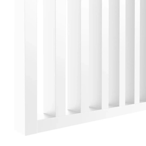 Close-up of the join between vertical white slats and the bottom rail of an openwork screen.