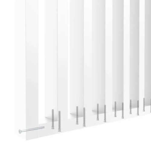How to attach white wall slats using screws driven into the bottom of the vertical strips.