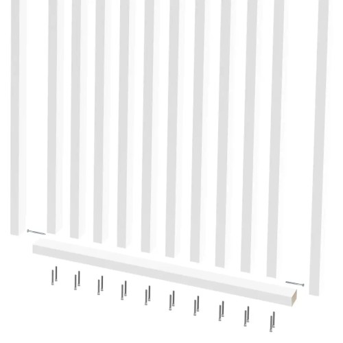 Diagram showing the assembly of a white openwork slatted screen, bottom rail and fixing screws.
