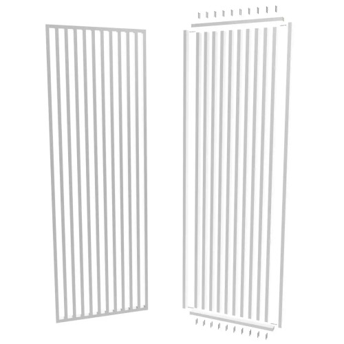 Assembled and disassembled white partition made of vertical slats, with mounting components.