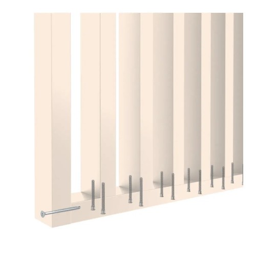 Diagram showing how to secure a beige slatted screen using screws in the bottom rail.