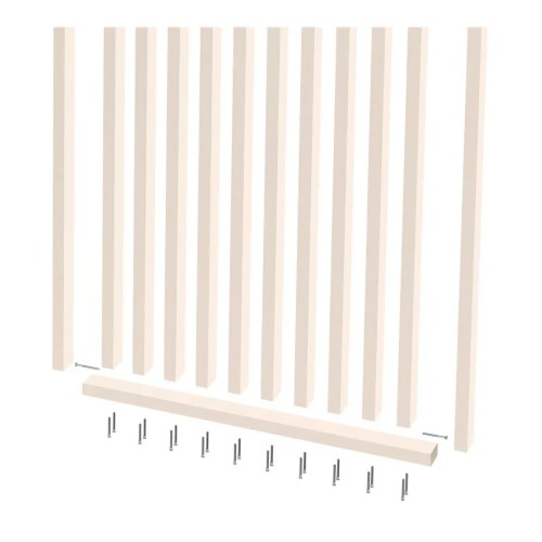 Fittings for a beige openwork screen: vertical slats, a horizontal bottom strip and screws.