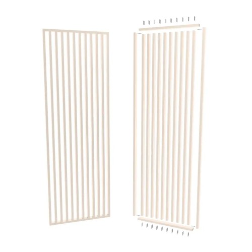 Beige slat partition shown assembled, alongside the disassembled assembly kit with fixing components.