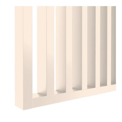 Close-up of the lower part of a beige openwork screen made of vertical slats