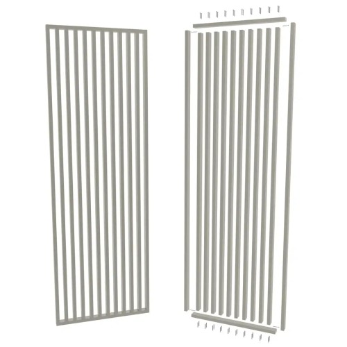 Openwork partition made of vertical cashmere-coloured slats – an assembled panel and the kit components laid out.