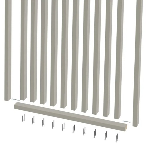 Diagram showing the assembly of an openwork screen made of vertical slats in cashmere, a bottom rail and fixing screws.