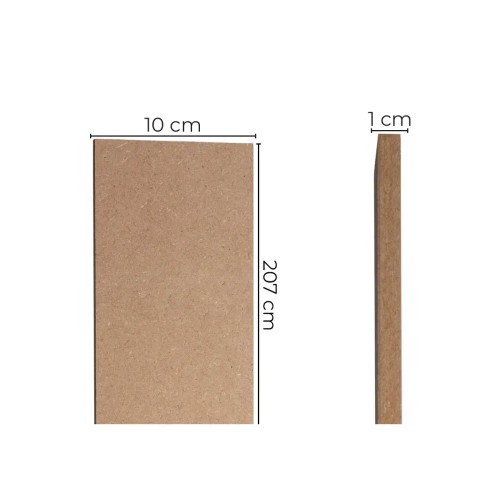 Dimension diagram of a DIY wall slat, 10 cm wide, 207 cm high and 1 cm thick.