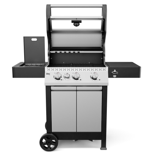 Silver and black Koler Krone Compact gas barbecue with the lid open, knobs and side shelves.
