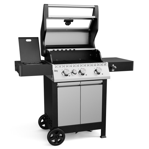 A Koler Krone Compact Silver gas barbecue with the lid open, a glass viewing window, side burner and cabinet.