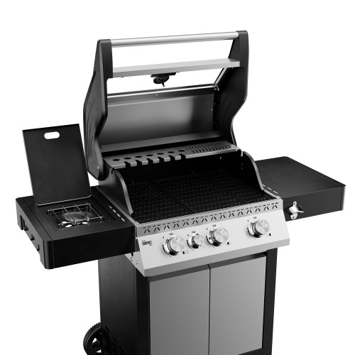Silver and black Koler Krone Compact Silver gas barbecue with the lid open, a side burner and cooking grates.