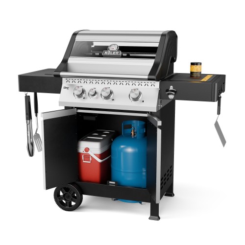 A Koler Krone Compact gas barbecue with the lower cabinet open, showing a blue gas cylinder and a red fridge.