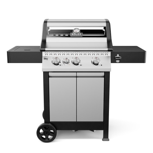 Silver and black Koler Krone Compact Silver gas barbecue with four knobs, side shelves and a bottom cabinet.