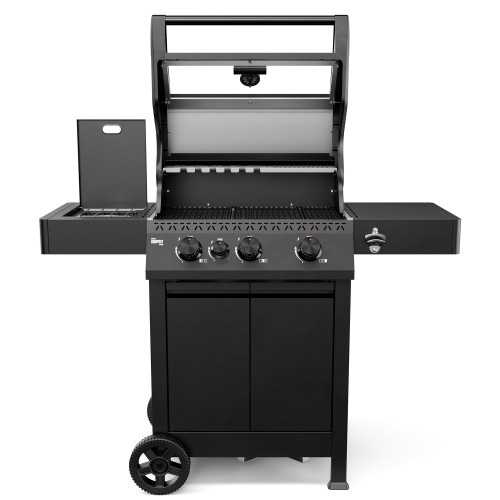 Black Koler Krone Compact gas barbecue with the lid open, a side burner and a two-door cabinet.