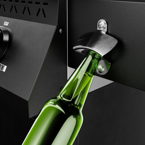 Metal bottle opener mounted on a black gas barbecue, with a green glass bottle.