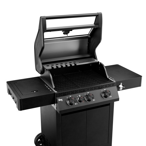 Black Koler Krone Compact gas barbecue with the lid open, featuring a glass window, control knobs and side shelves.