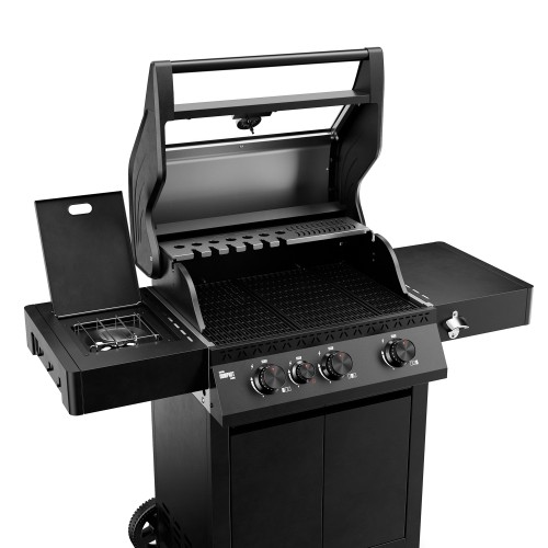 Black Koler Krone Compact gas barbecue with the lid open, a side burner and cooking grates.