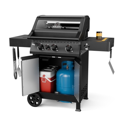 Black gas barbecue with the lower cabinet open, showing a blue gas cylinder and a red camping fridge inside.