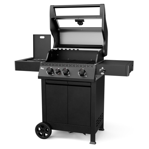 Black Koler Krone Compact gas barbecue with the lid open, featuring a panoramic glass window and side shelves.