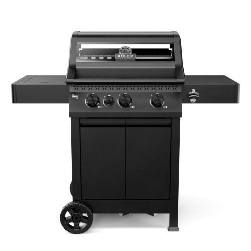 Black Koler Krone Compact Black garden gas barbecue with four control knobs, a cabinet and side shelves.